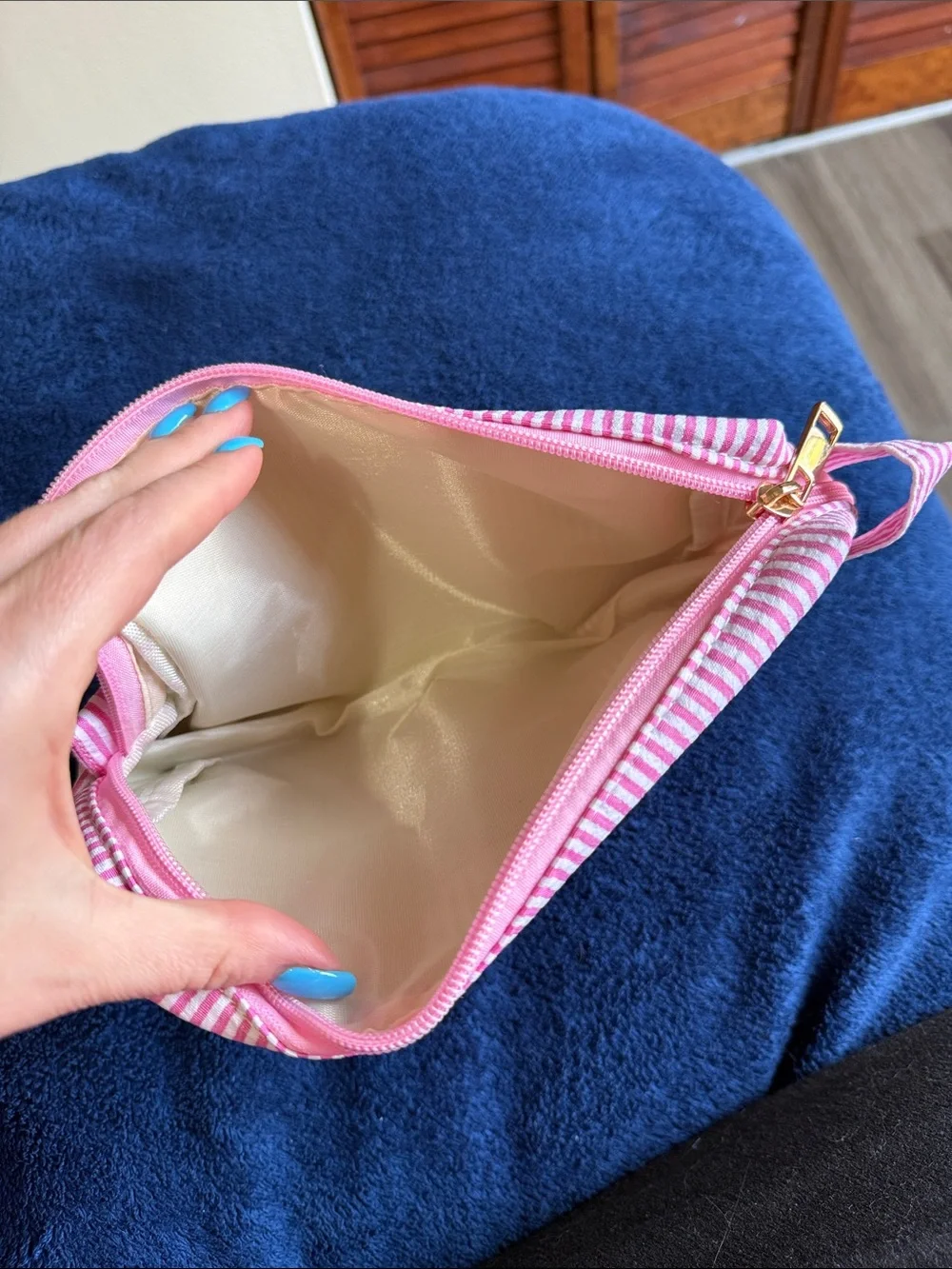 Pink and White Striped Cosmetic Pouch Duo with Gold 'T' Accent